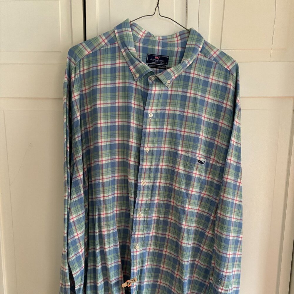 Vineyard Vines Button Down 4XB Classic Fit Tucker Shirt, Green and Blue Plaid